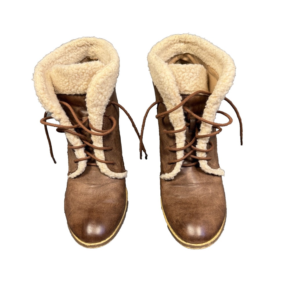 Restricted Brown Faux Leather And Sherpa Trim Ankle Boots Womens Sz 9
